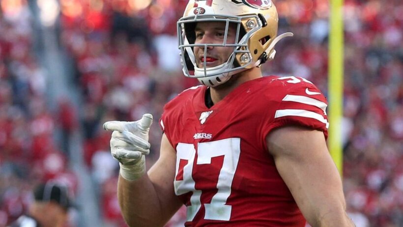 Nick Bosa pointing on the field
