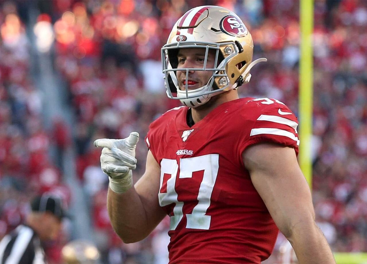 Nick Bosa pointing on the field