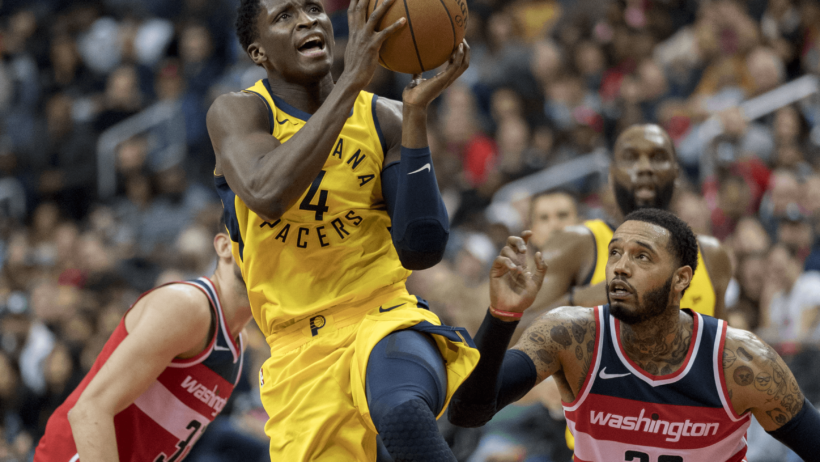 Pacers guard Victor Oladipo going in for a layup.