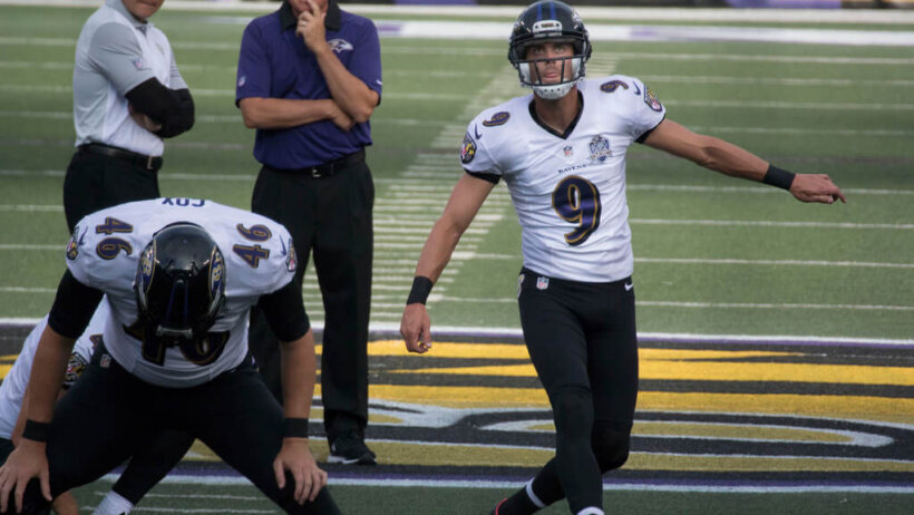 Ravens kicker Justin Tucker warming up.