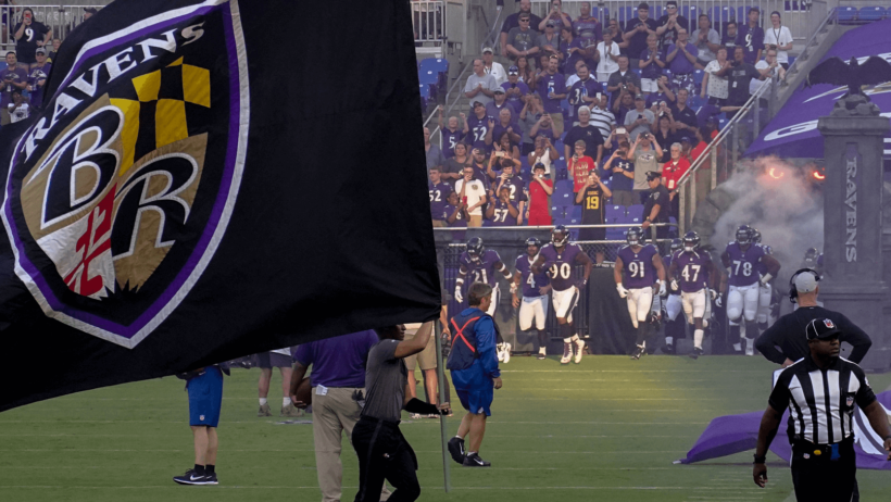 A Baltimore Ravens flag flying pregame.