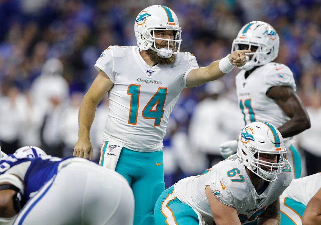 Ryan Fitzpatrick pointing at the line of scrimmage