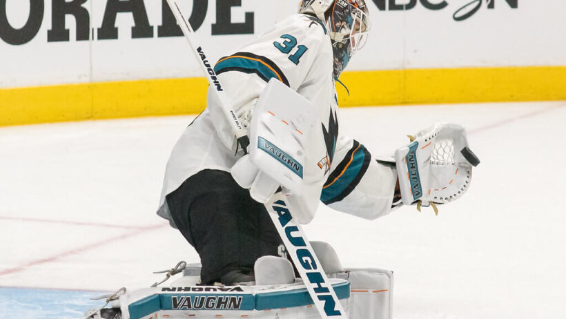 San Jose goalie Martin Jones making a save in warmup.