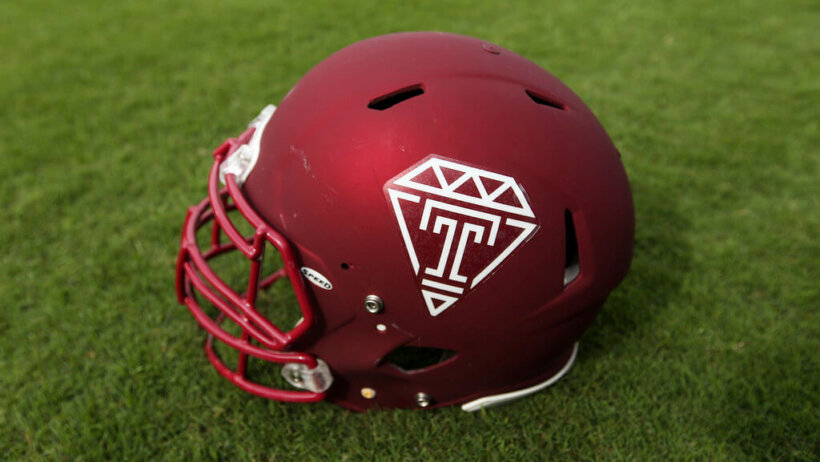 Closeup of a Temple football helmet