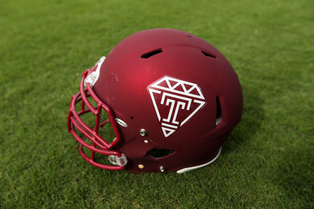 Closeup of a Temple football helmet