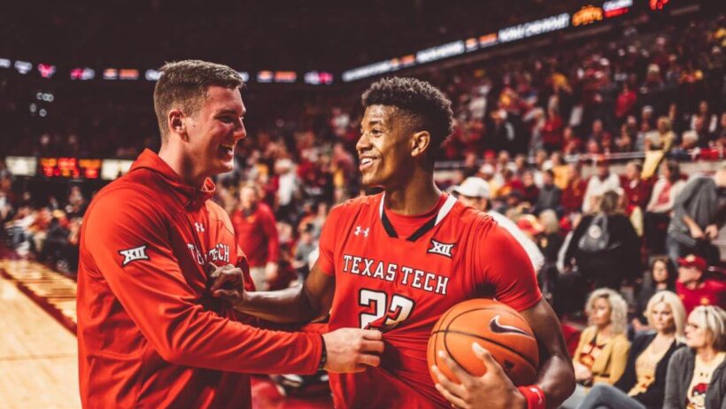 Texas Tech coach Chris Beard celebrating with star guard Jarrett Culver