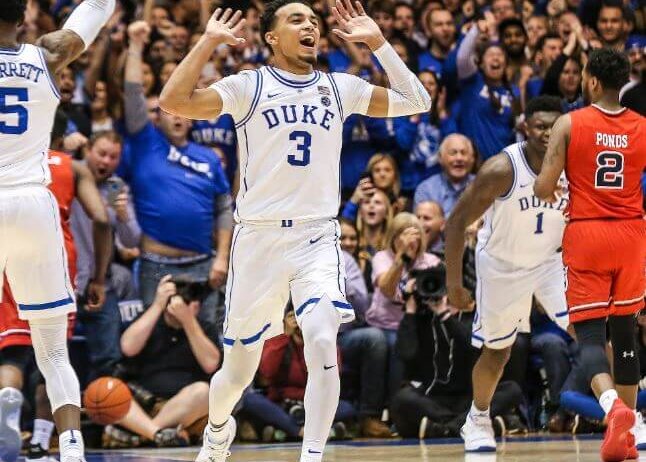 Tre Jones celebrating a basket for Duke