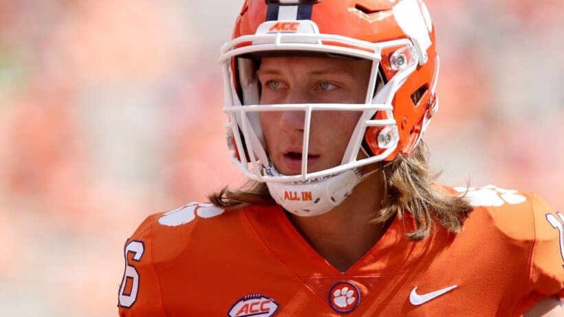 A close-up shot of Clemson QB Trevor Lawrence