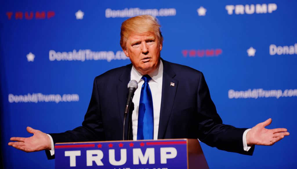 Donald Trump giving a speech.