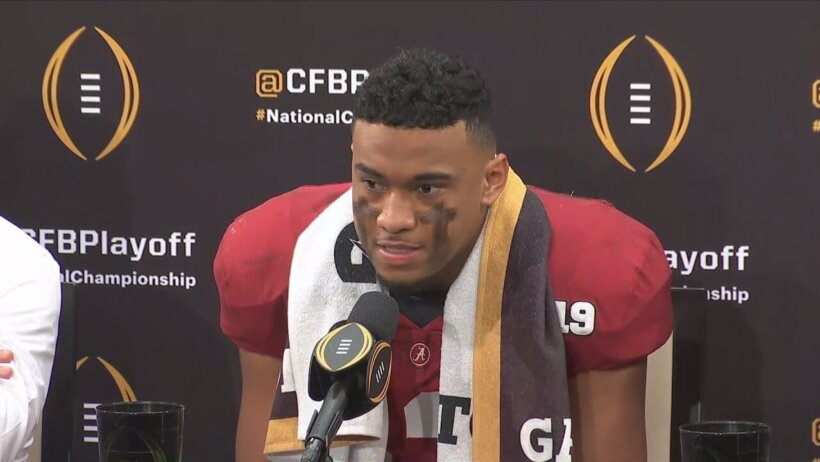 Alabama QB Tua Tagovailoa talks to the media