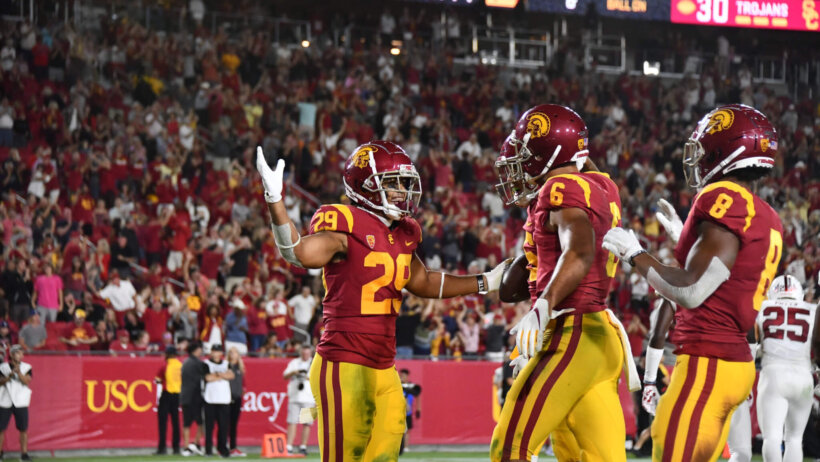 The USC Trojans celebrate a touchdown against Stanford in Week 2