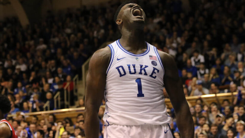 Duke forward Zion Williamson reacting to a big play