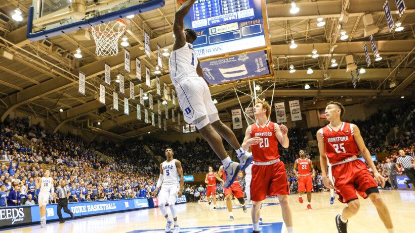 Zion Williamson throwing down a huge dunk.
