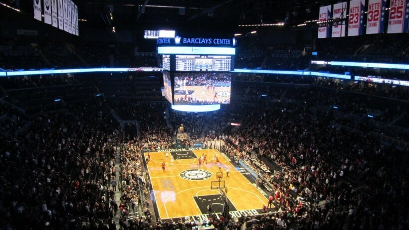 Wide shot of the Barclays Center in Brooklyn, NY