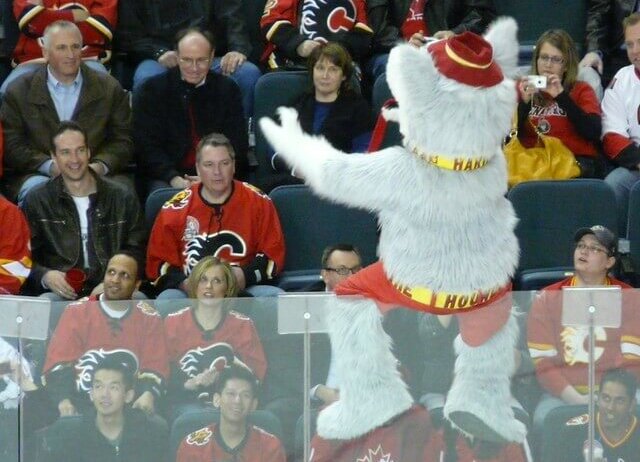 Calgary Flames mascot Harvey the Hound pumping up the crowd