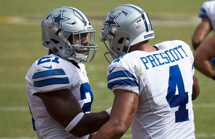 Cowboys RB Ezekiel Elliott celebrating with QB Dak Prescott.