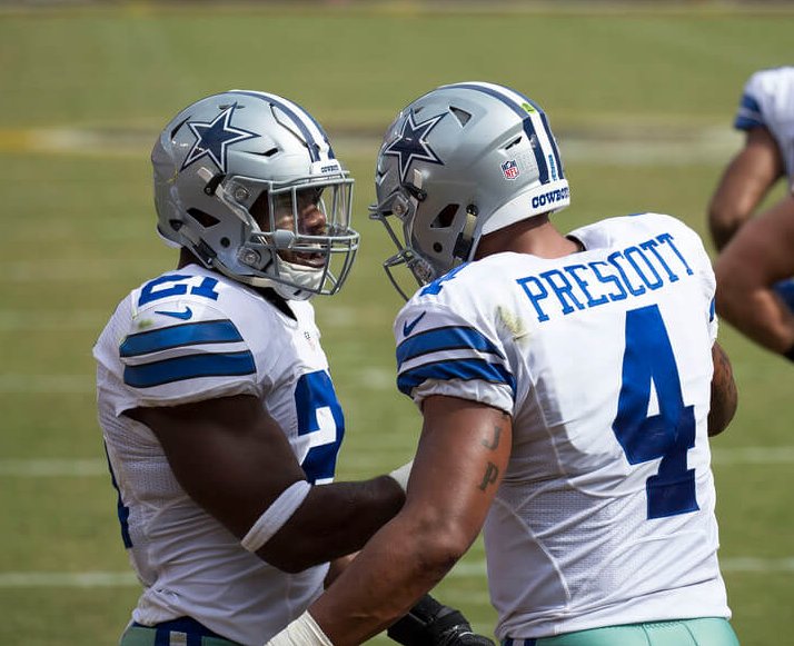 Cowboys RB Ezekiel Elliott celebrating with QB Dak Prescott.