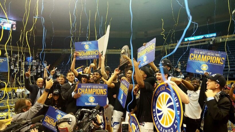 Georgia State celebrating their 2018 Sun Belt championship.
