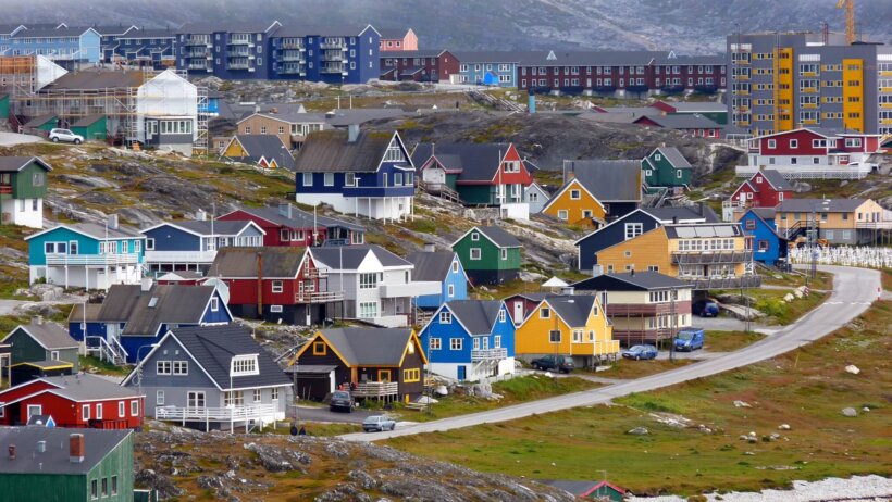 Aerial shot of a city in Greenland.