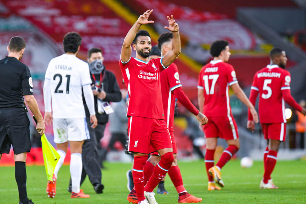 Mo Salah celebrates against Leeds