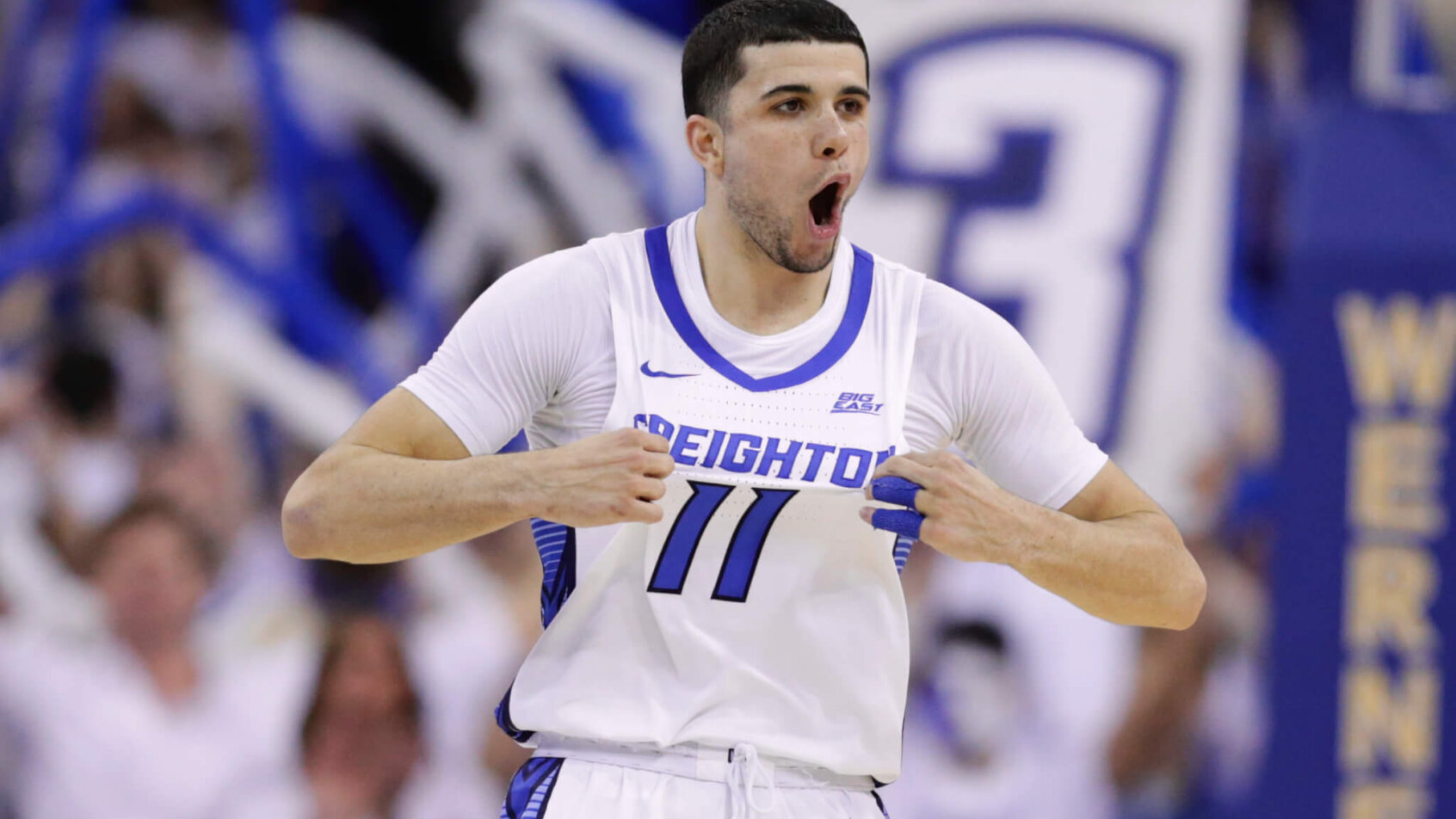 Marcus Zegarowski grabbing own jersey while celebrating