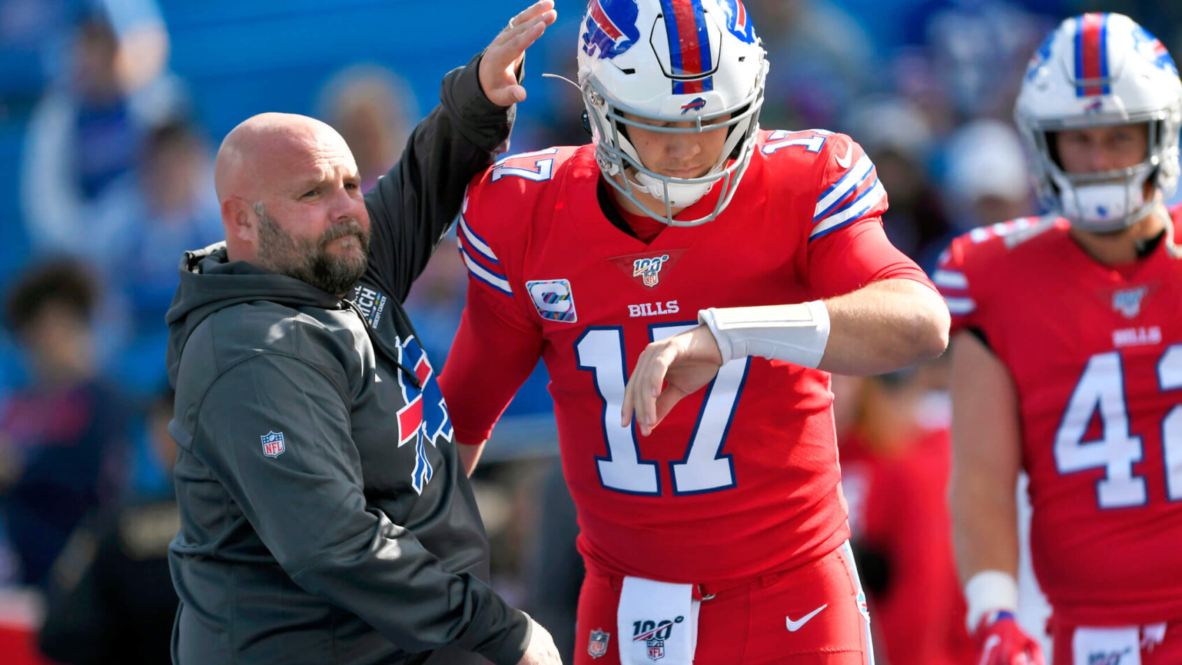 Buffalo Bills offensive coordinator Brian Daboll with quarterback Josh Allen