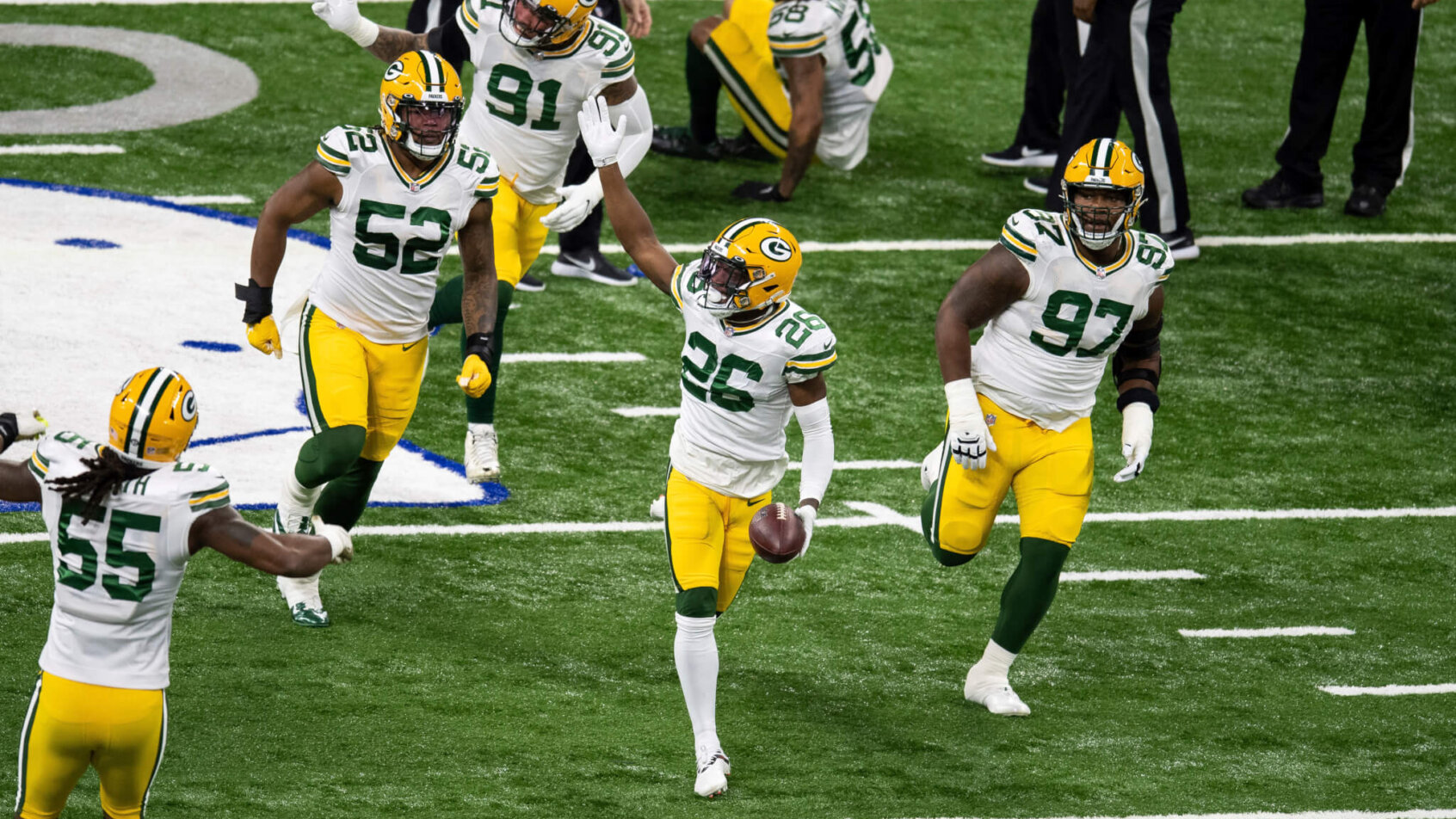 Darnell Savage of the Green Bay Packers celebrating a turnover during a game.