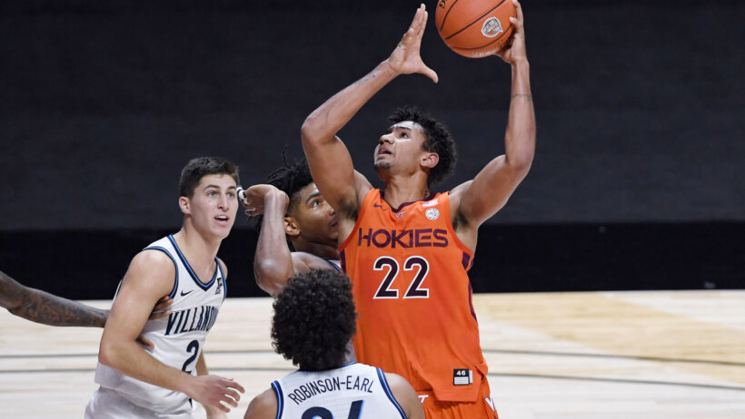 Keve Aluma of Virginia Tech going up for a shot in a game against Villanova.