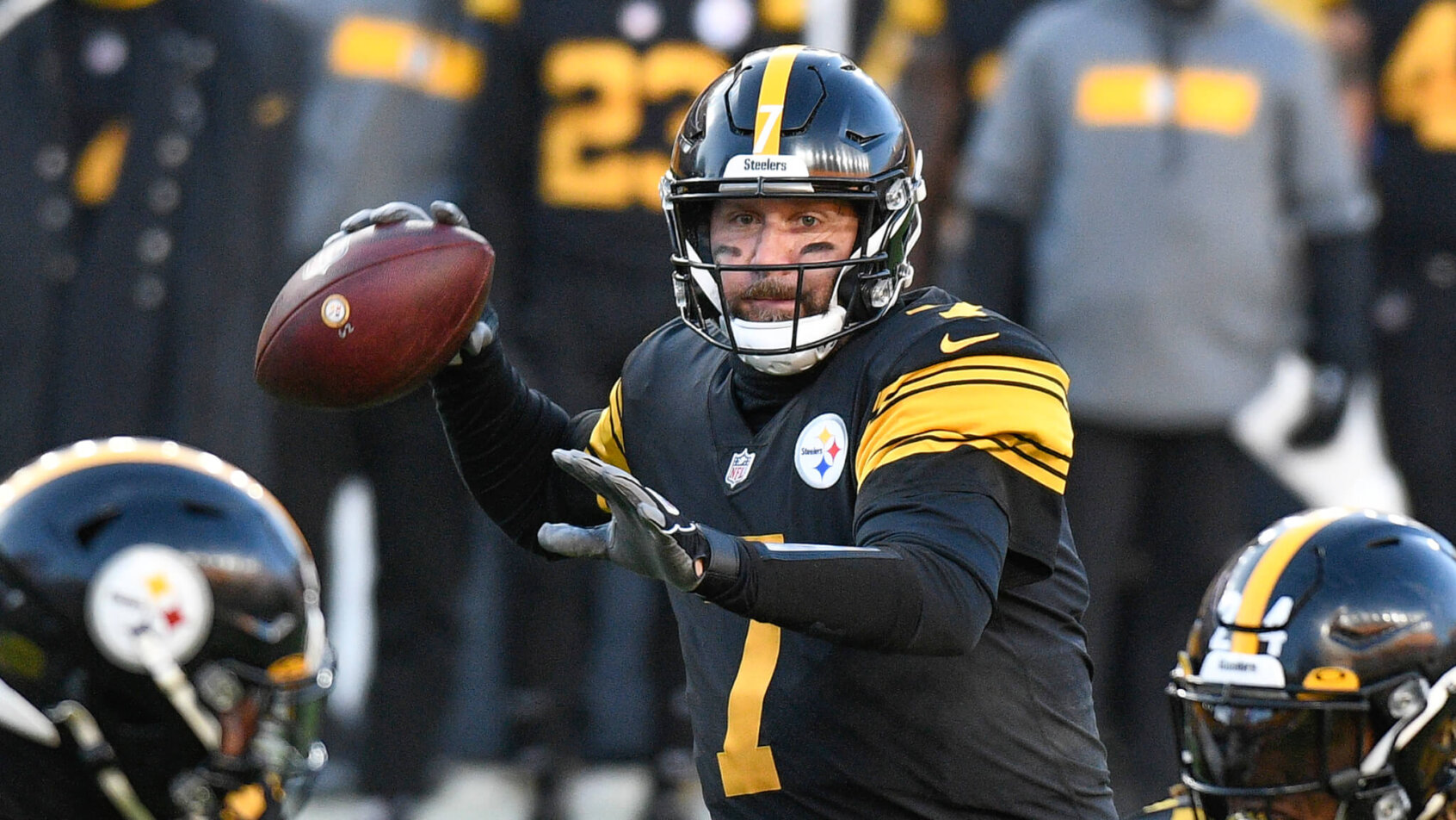 Pittsburgh Steelers quarterback Ben Roethlisberger throwing a pass in a game.