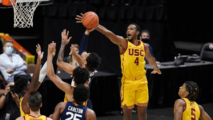 Evan Mobley blocks shot
