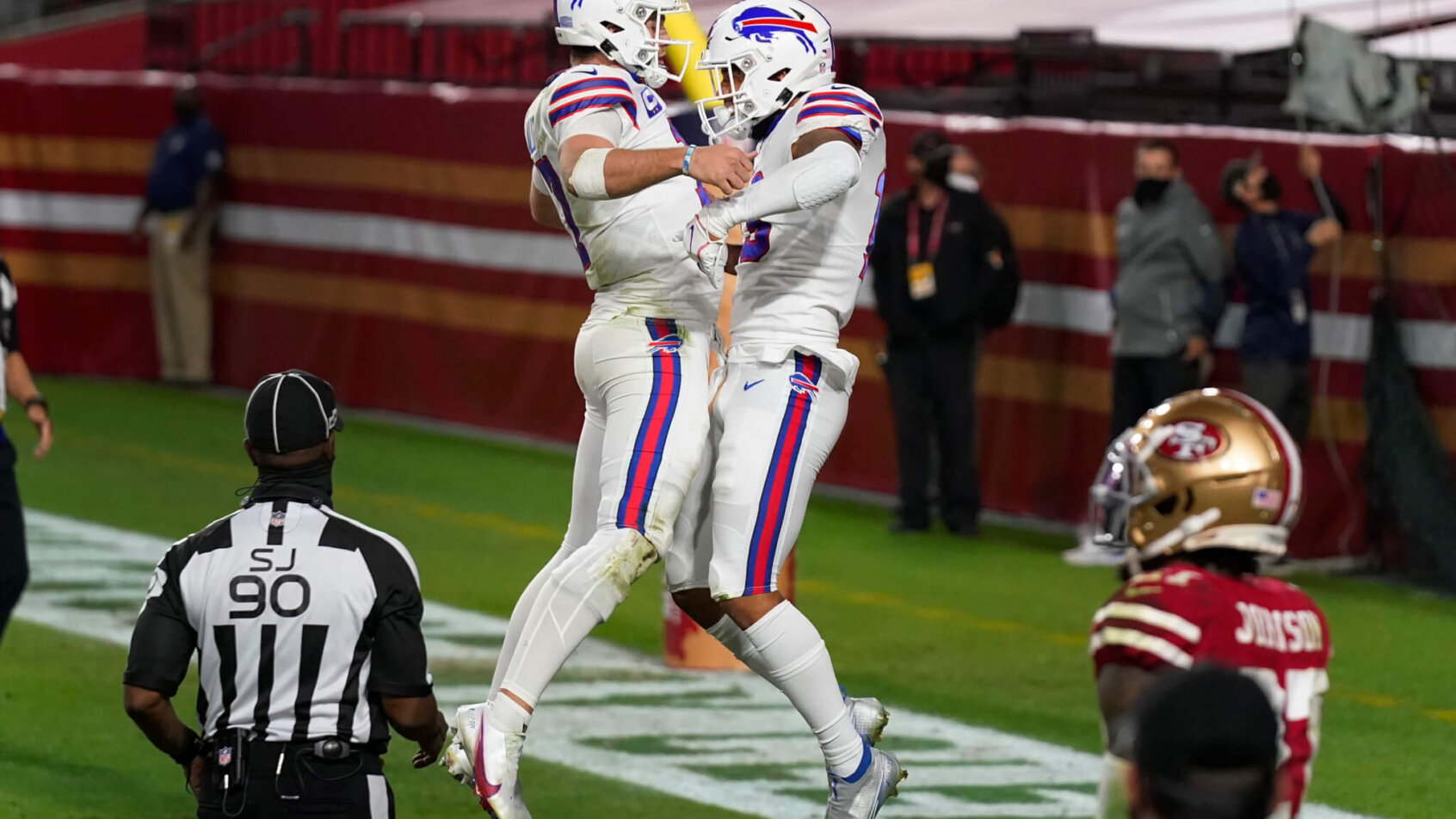 Josh Allen and Gabriel Davis jumping chest bump in the endzone