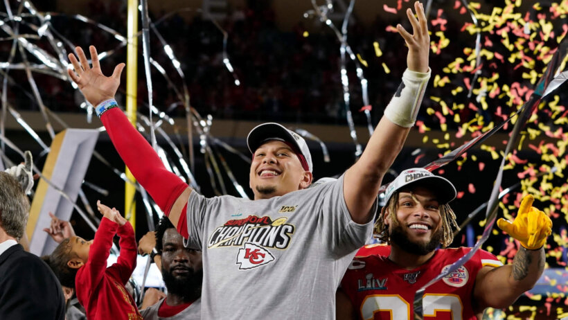 Patrick Mahomes celebrates winning Super Bowl 54