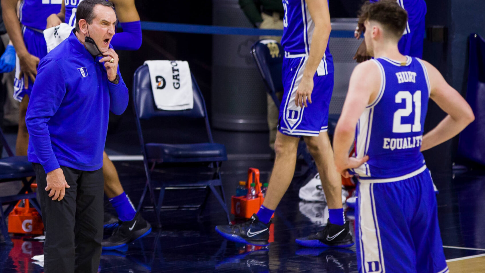 Mike Krzyzewski yelling instruction to players in-game