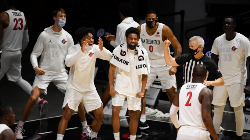 San Diego St Basketball players cheer from the bench