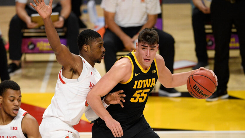 Luke Garza dribbling in the low post with a defender on his back