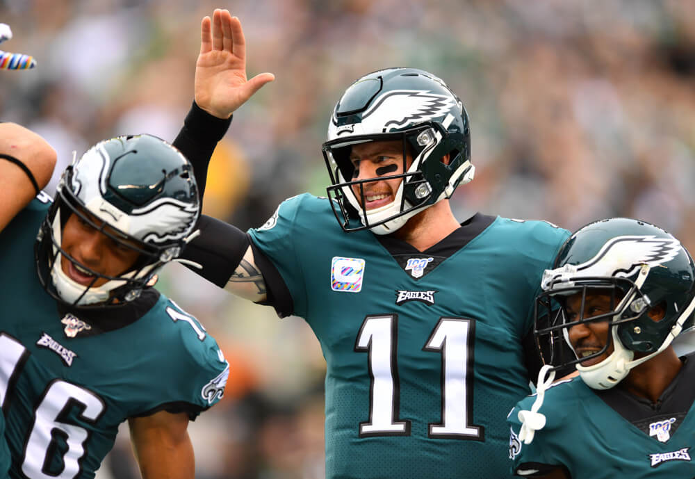 Carson Wentz celebrating with teammates
