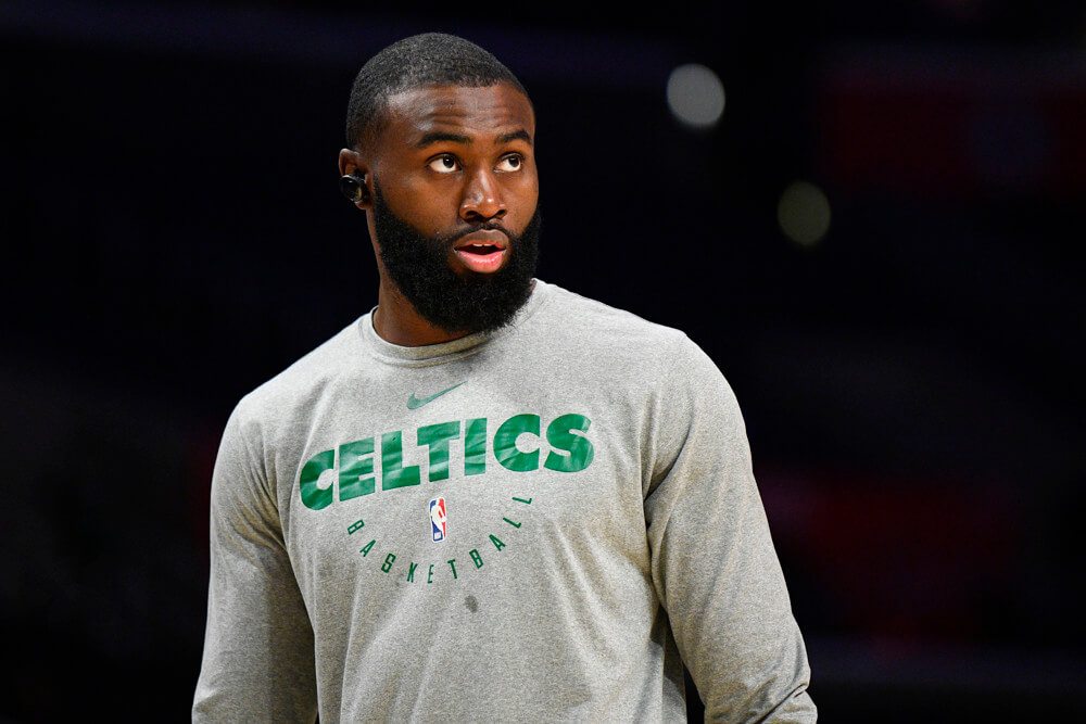 Jaylen Brown in warmup shirt