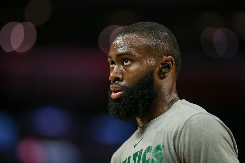 Jaylen Brown warming up