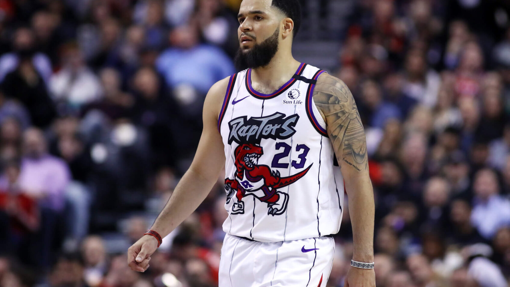 Fred VanVleet of the Toronto Raptors on the court during a game.