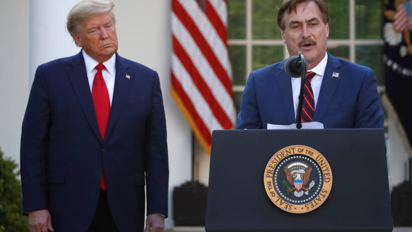 My Pillow CEO Mike Lindell speaks at a press conference as President Donald Trump listens