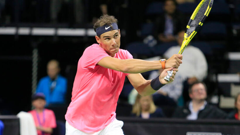 Rafael Nadal hitting a backhand. Can he win on Tuesday at the Nitto ATP Finals?