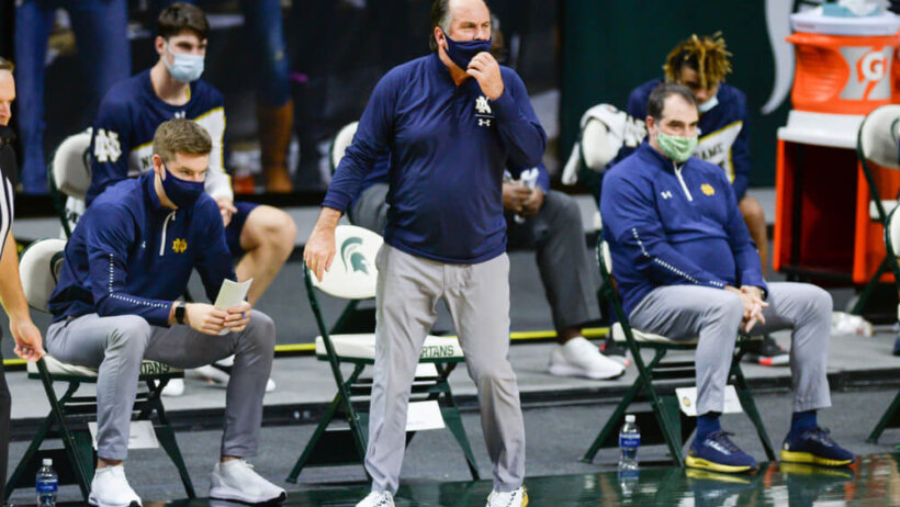 Notre Dame Fighting Irish head coach Mike Brey paces the sideline