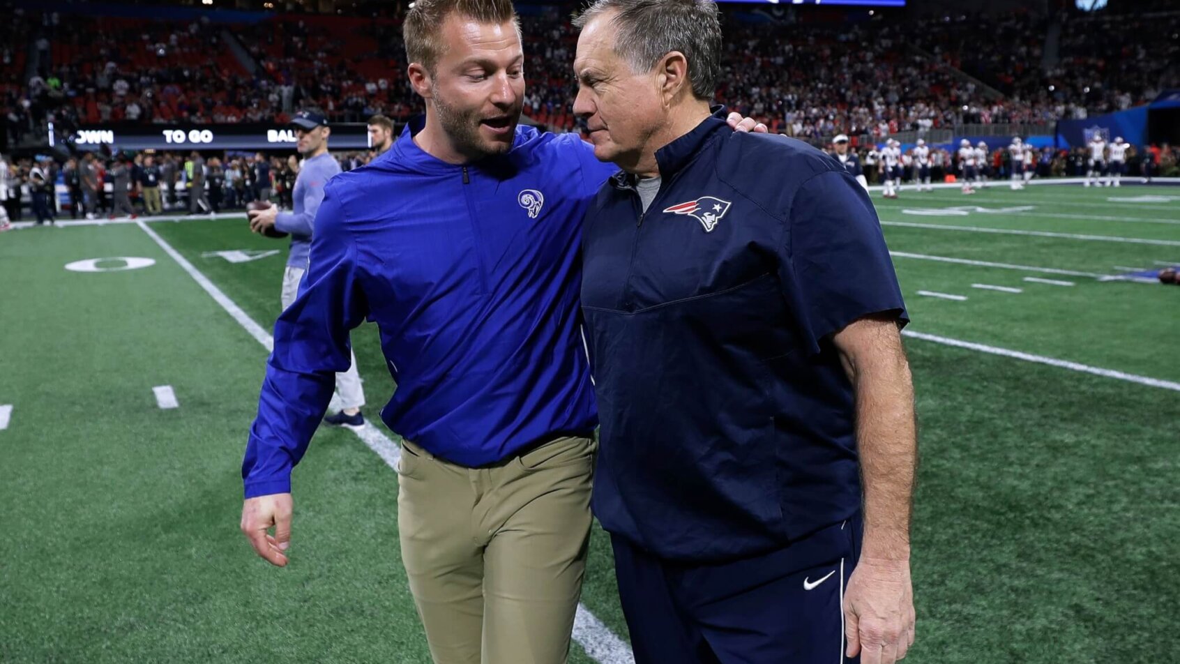 Rams head coach Sean McVay and New England Patriots head coach Bill Belichick speak before the NFL Super Bowl 53