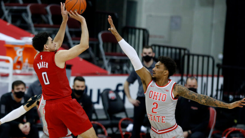 Rutgers guard Geo Baker shooting a fade-away jumper