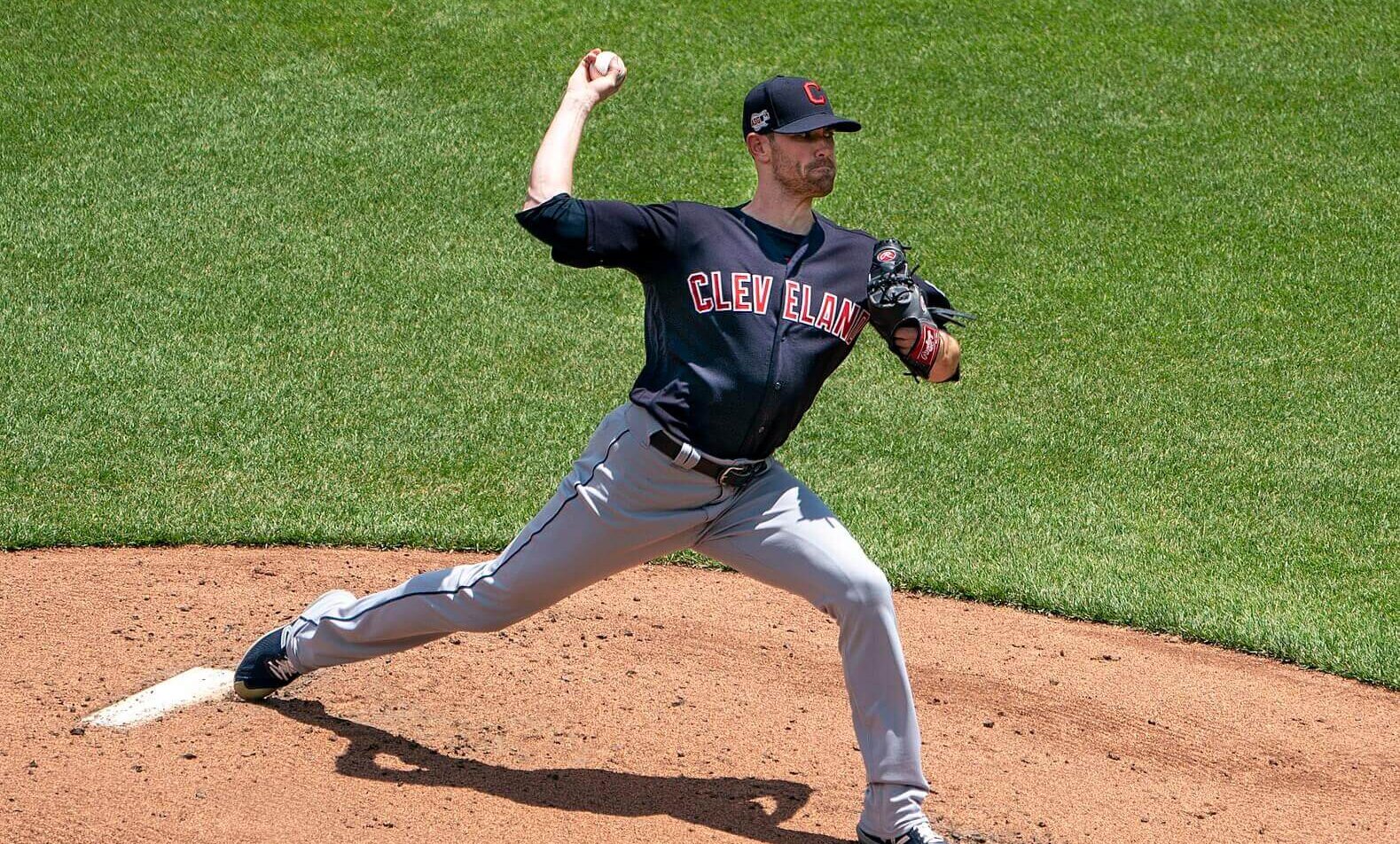 Shane Bieber delivering pitch