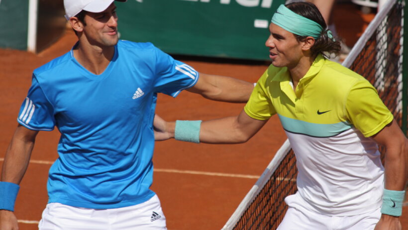 Djokovic and Nadal after a match on clay.