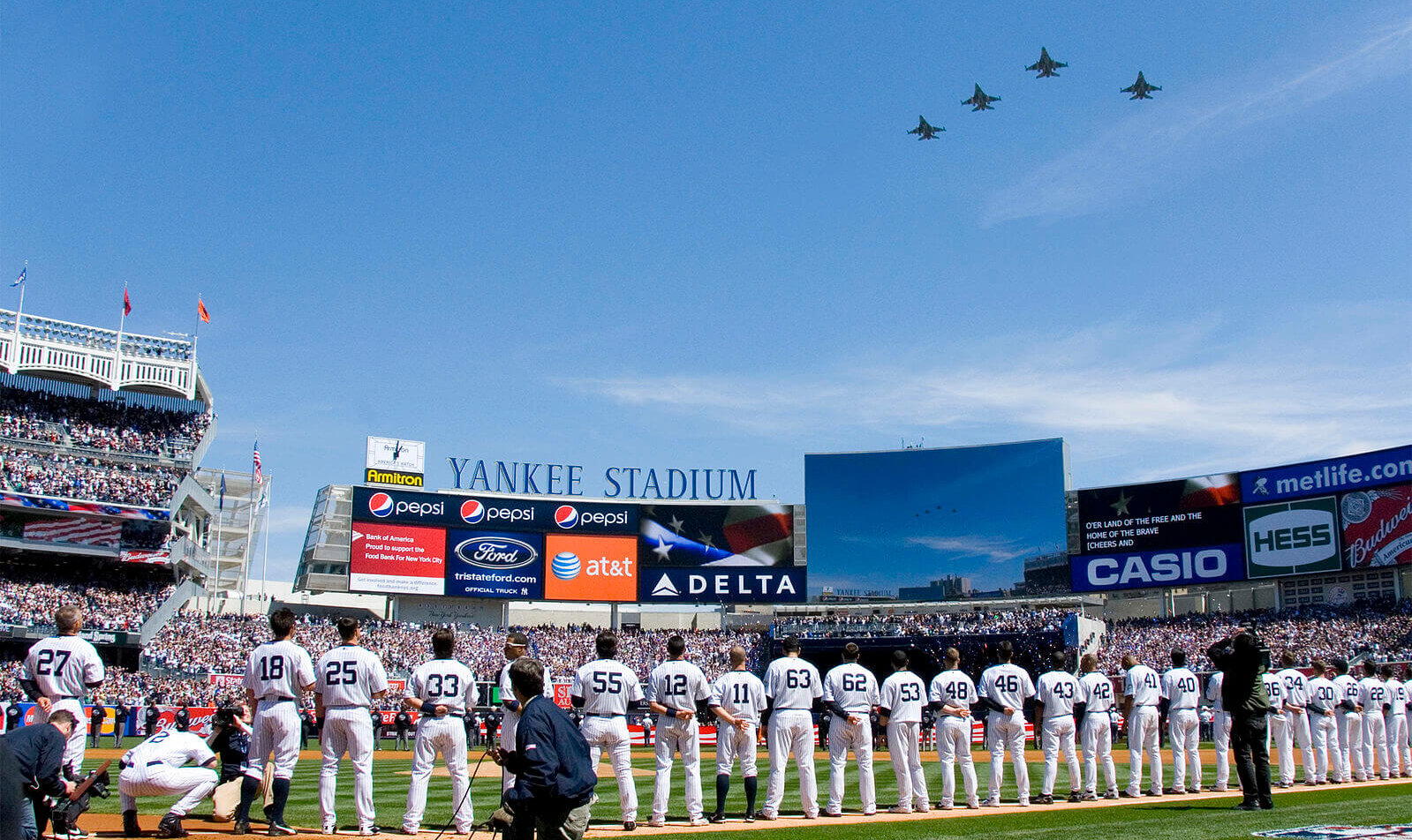 Players standing for anthem at Yankee Stadium