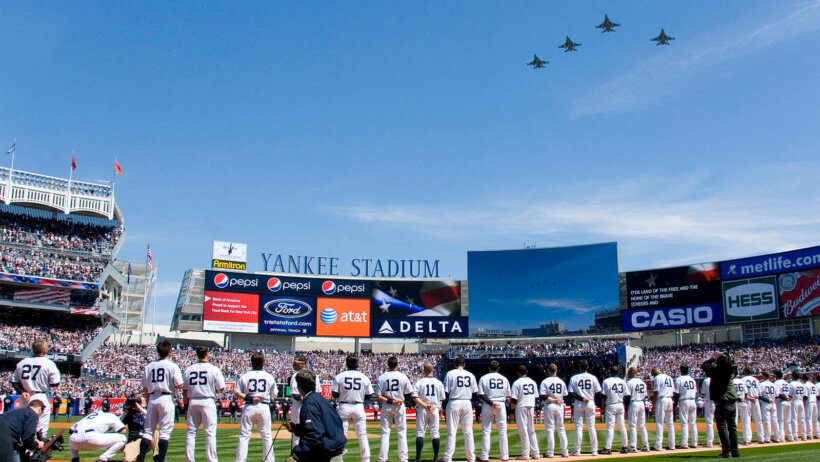 Players standing for anthem at Yankee Stadium