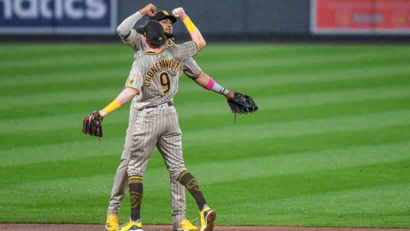 San Diego Padres shortstop Fernando Tatis Jr. celebrates with shortstop Jake Cronenworth