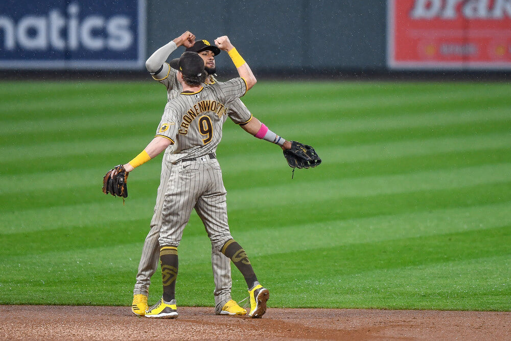 San Diego Padres shortstop Fernando Tatis Jr. celebrates with shortstop Jake Cronenworth